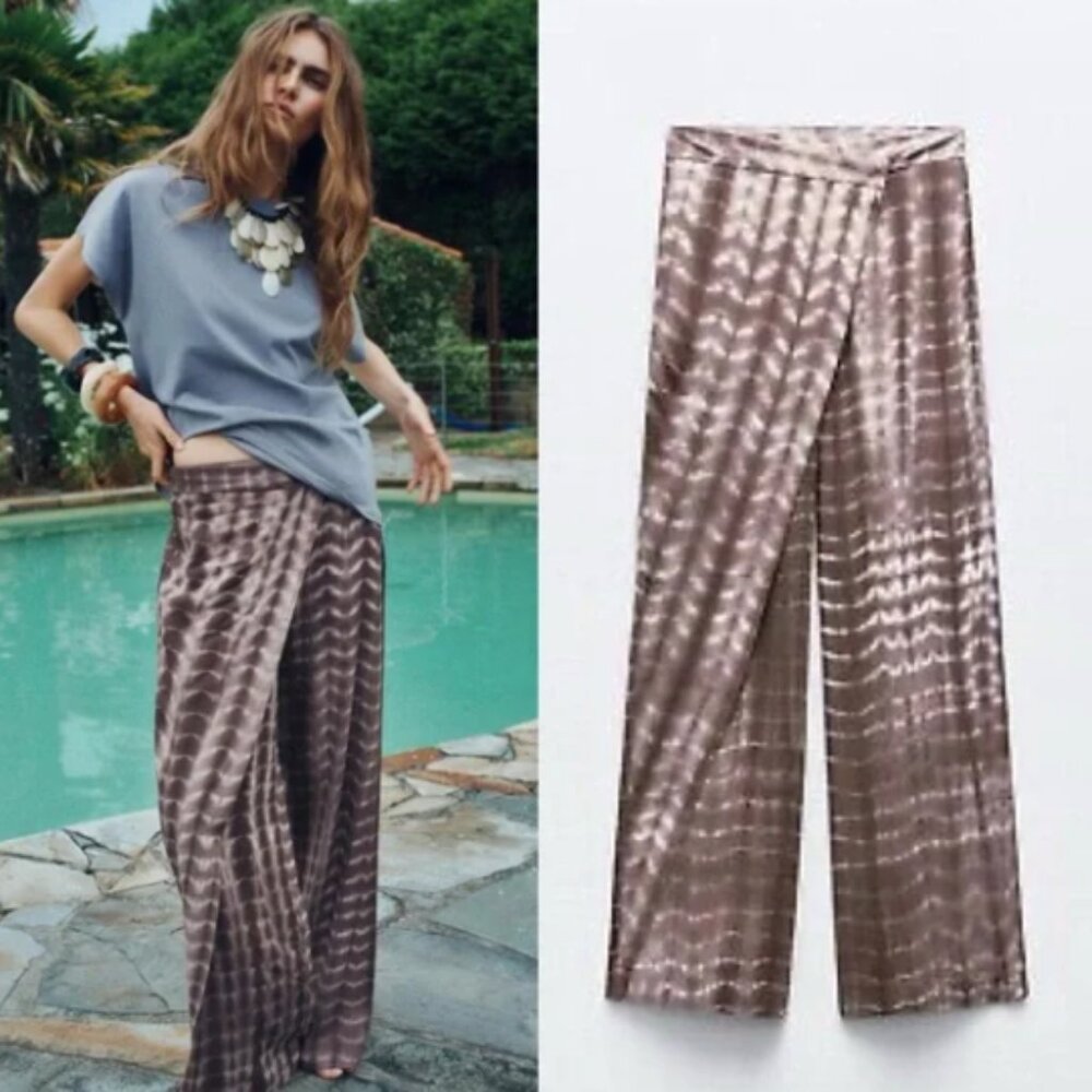 New Zara Wide Leg High Rise Boho Grunge Rock Linen Wrap Panel Tie Die Pants M